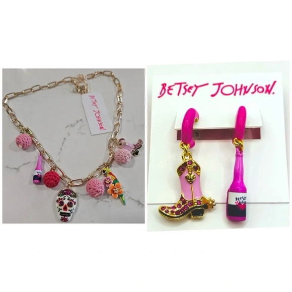 BETSEY JOHNSON SET Southwestern Boho Charm Necklace & Marching Earrings NEW NWT